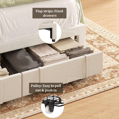 viplov King Bed Frame with Storage Drawers, Velvet Upholstered Platform Bed with 47" Tall Headboard and Wingboard, No Box Spring Needed, No Noise, Easy Assembly, Wooden Support Slats, Beige