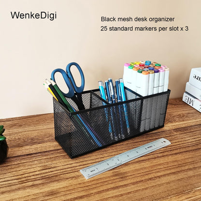 Metal Mesh Pencil Holder, Spacious 3-Compartment Desk Organizer for Pens, Makeup Brushes, Utensils, Multipurpose Office, School ,Kitchen, Home Desktop Storage, 10.43 x 3.35 x 4.04 Inches, Black