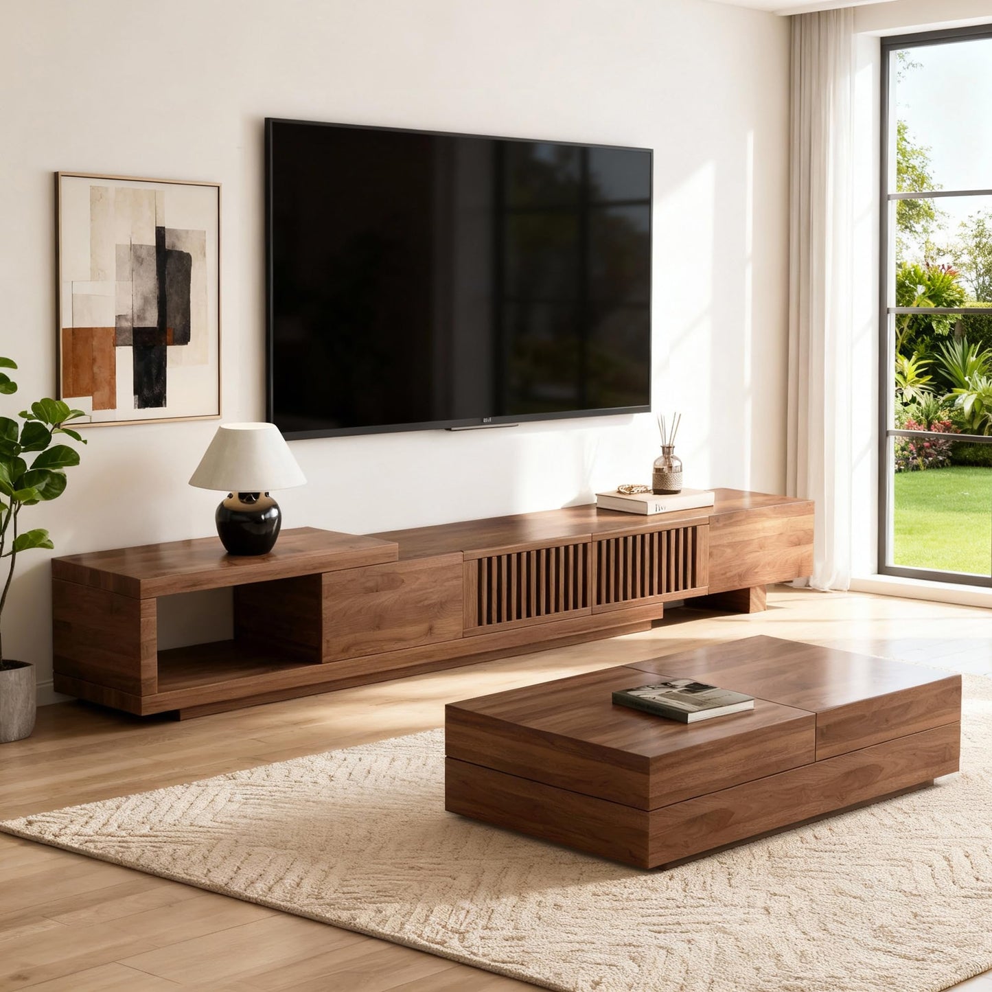 gaoyangjiaju 78.5"-105" Mid-Century Modern Extendable TV Stand, Walnut Media Console with 2 Drawers and 2 Cabinets, Fits TVs up to 100 Inches for Living Room or Bedroom