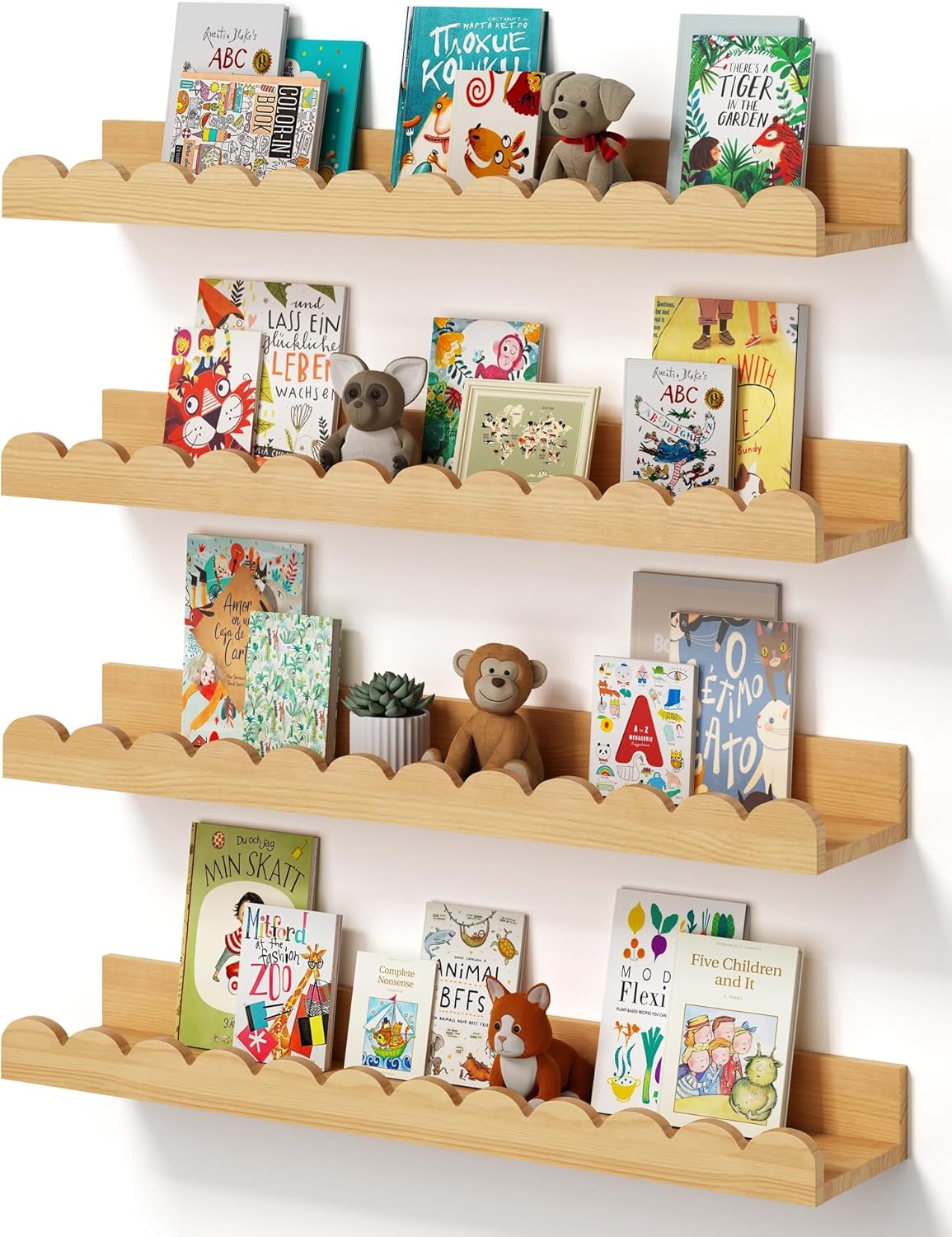 Set 4 Decor(Natural,40cm) Scalloped Baby Book Shelf,Floating Shelves for Wall of Natural Solid Pine Wood Nursery