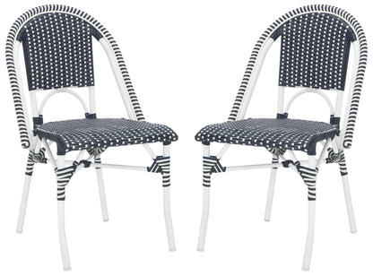 SAFAVIEH Outdoor - Torino Bistro Chair Set of 2 - Navy & White - Faux Wicker & Aluminum Frame - Bistro Side Chair Design - Ideal for Patio, Deck, Sunroom, Dining Area, 18" Seat Height (PAT7550F-SET2)