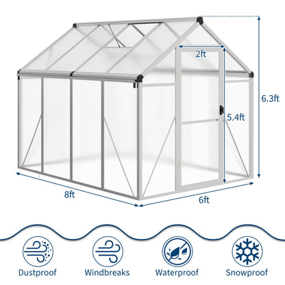 6×8 FT Greenhouse, Large Walk in Greenhouses for Outdoors and Garden Planting, Polycarbonate Greenhouse with Enhanced Aluminum Frame, Green Houses with Quick Setup Structure and Roof Vent, Silver