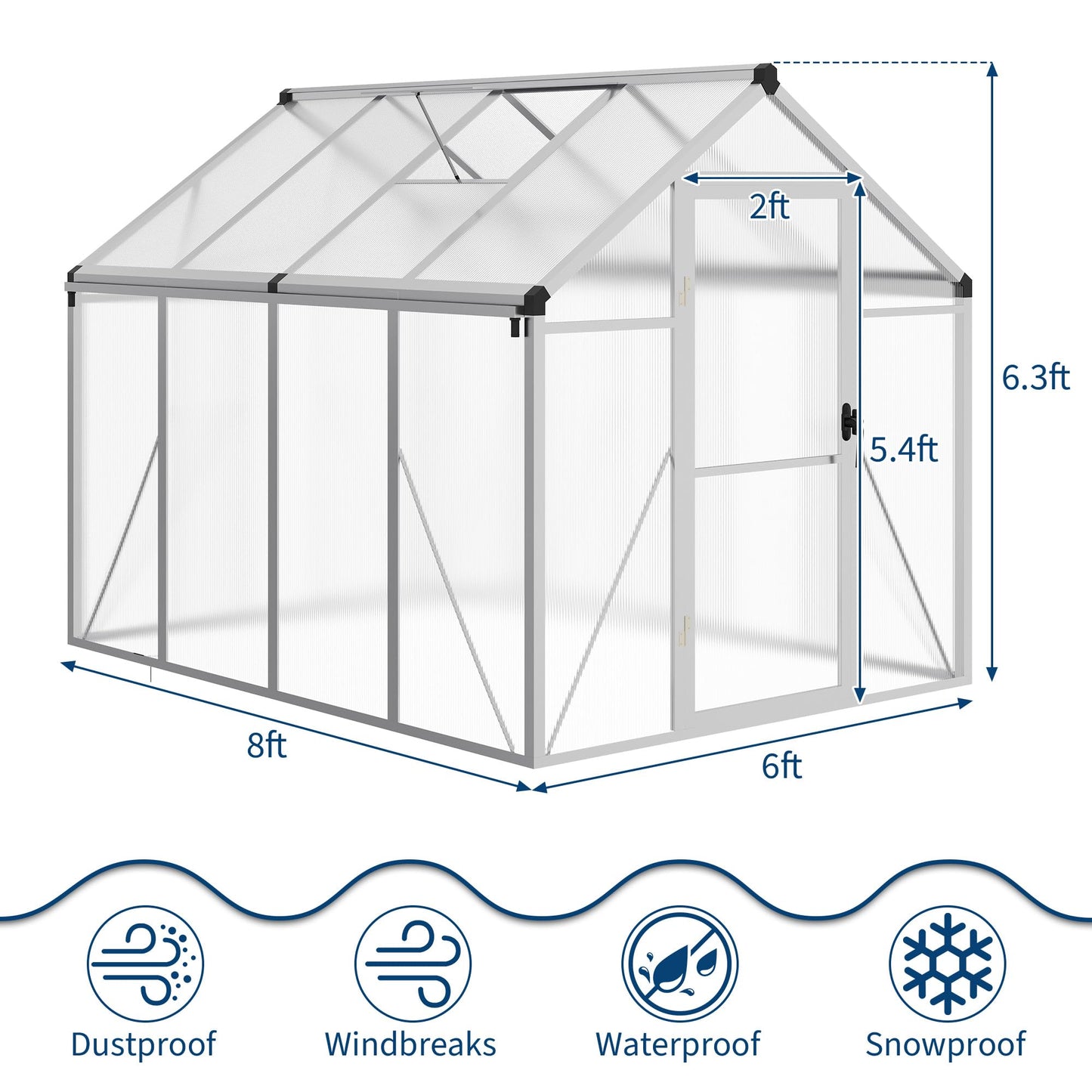 Garvee 6 x 8 FT Greenhouse, Greenhouses for Outside, Polycarbonate Greenhouse with Aluminum Frame, Lockable Door and Ajustable Roof Vent for Backyard, Green Houses for Outside Garden Backyard, Patio