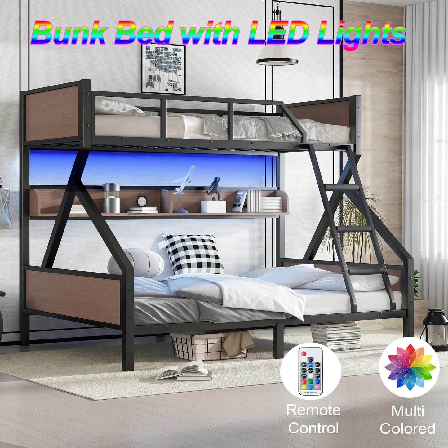 Bellemave Twin XL Over Queen Size Bunk Bed with Storage Shelves and LED Lights,Heavy Duty Adult Bunk Beds with Angled Ladder,Metal Queen Bunk Bed,Black