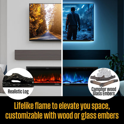 Westinghouse 60 Inch Electric Fireplace Heater, Compatible with Alexa & Google Home, Wall Mount or in-Wall Recessed Fireplace Insert, 24 Hour Timer, Color Changing Flames, 750W/1500W Indoor Heater