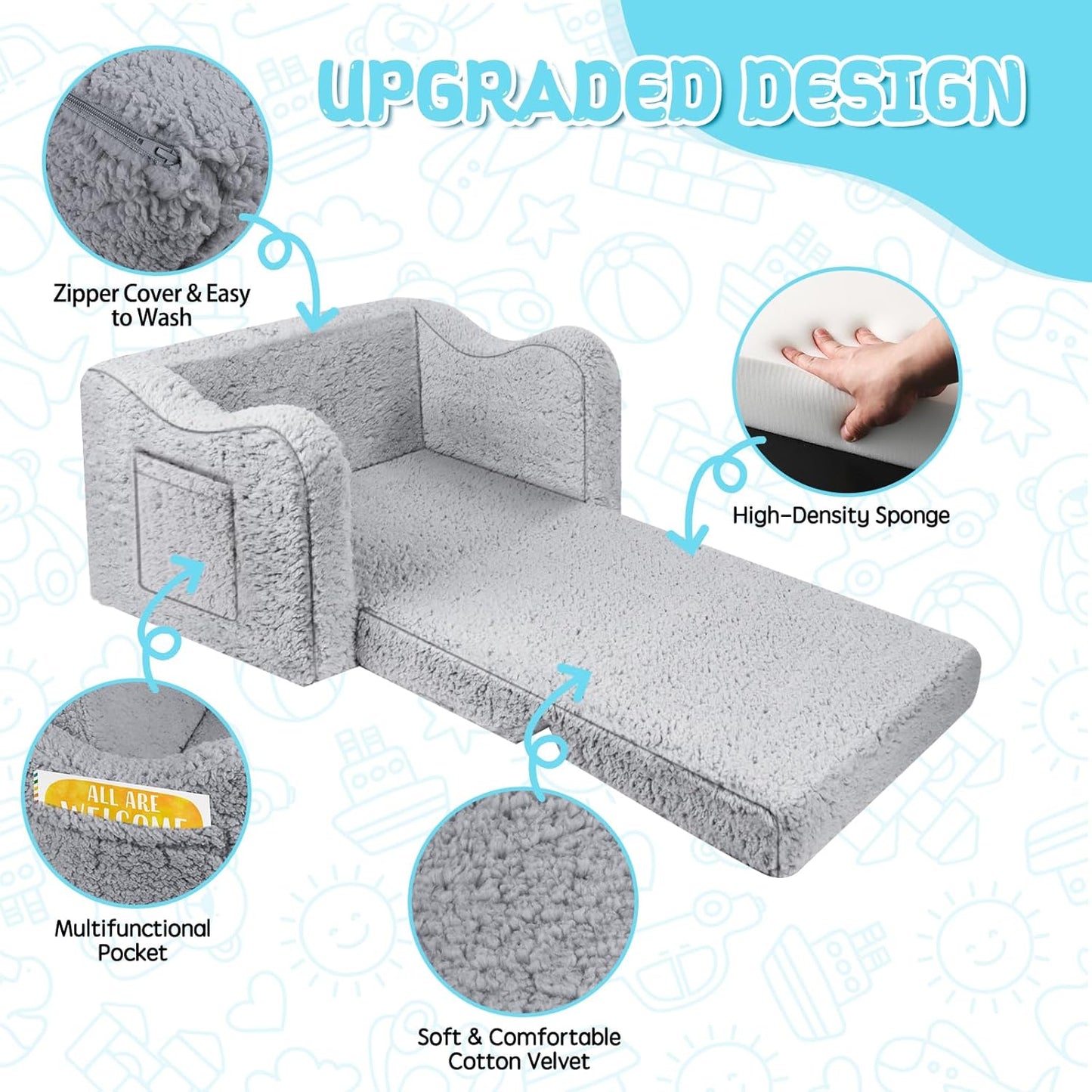 2-in-1 Kids Couch for Toddlers, Kids Sofa Chair, Comfy Soft Foldable Toddler Couch Chair for Girls and Boys