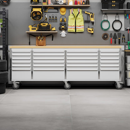GarveeLife 96-Inch Rolling Tool Chest with 24 Drawers Garage Workbench, Solid Rubberwood Top, Storage Cabinet with Wheel Lock and Key Lock for Workshop, Garage, Kitchen and Home
