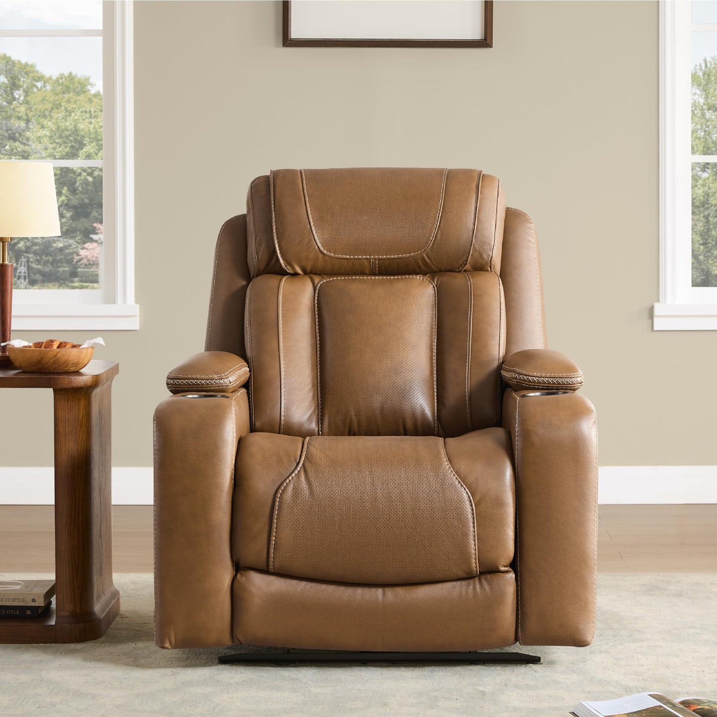 Watson & Whitely Genuine Leather Electric Recliner Chairs, Super Zero Gravity Recliner Triple-Motor W Adjustable Lumbar Headrest Support & Hidden Storage, Saddle Brown
