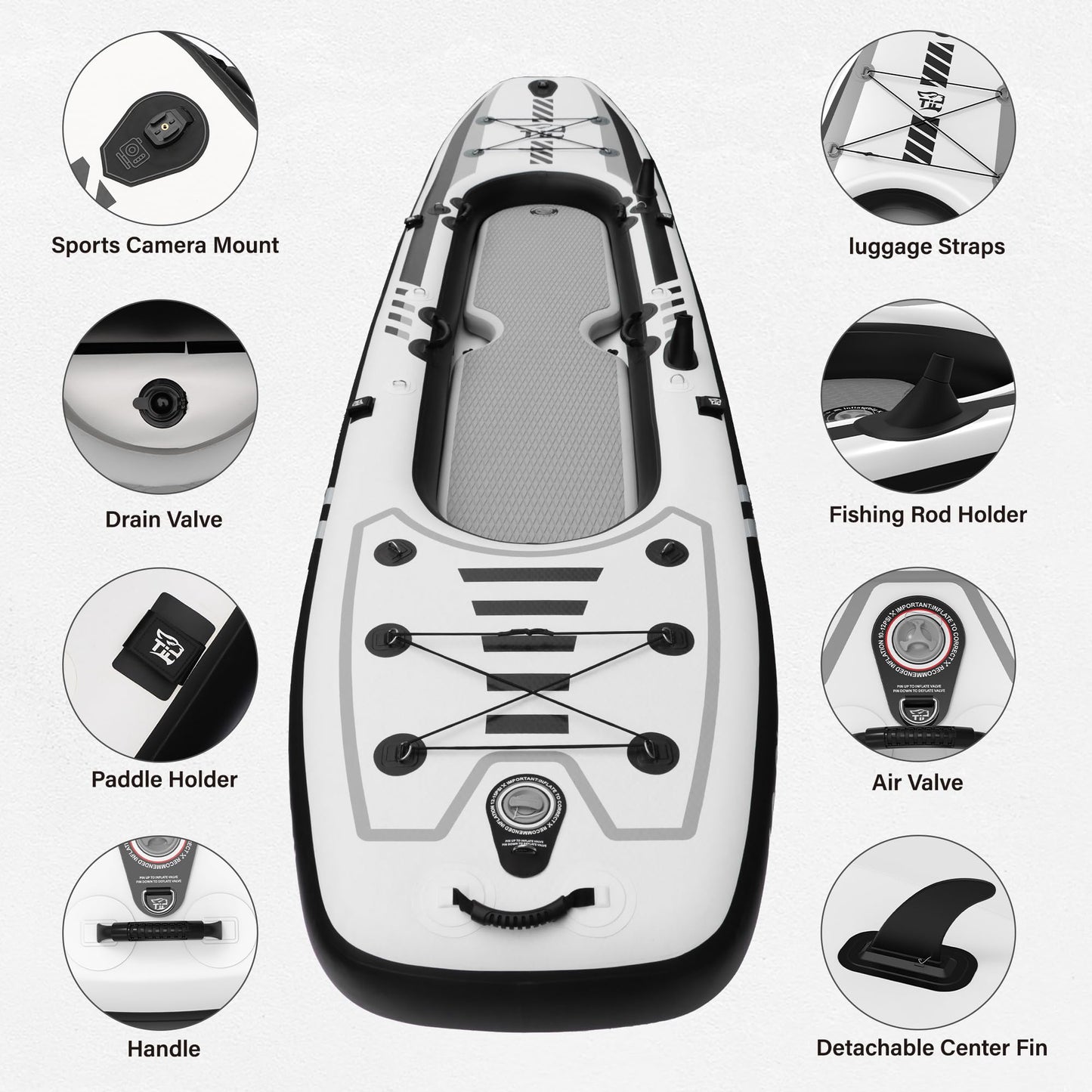 TIGERXBANG 12'8" Inflatable Tandem Kayak, Fishing & Touring, 2 Seats, Adjustable Paddle, Perfect for Family Adventures & Fishing, Includes Backpack & Repair Kit
