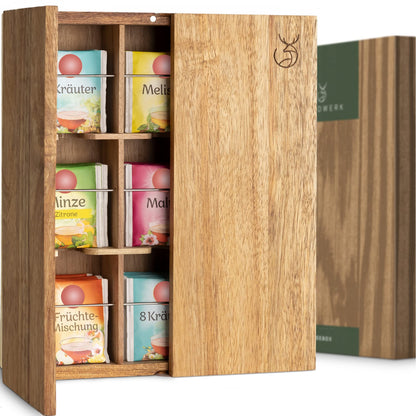 WALDWERK Tea Storage Organizer (9 Compartments) - Tea Organizer Made of Solid Acacia Wood - Tea Box with Wall Mounting Option - Tea Organizer and Storage - Tea Bag Holder - Plastic Free Tea Holder