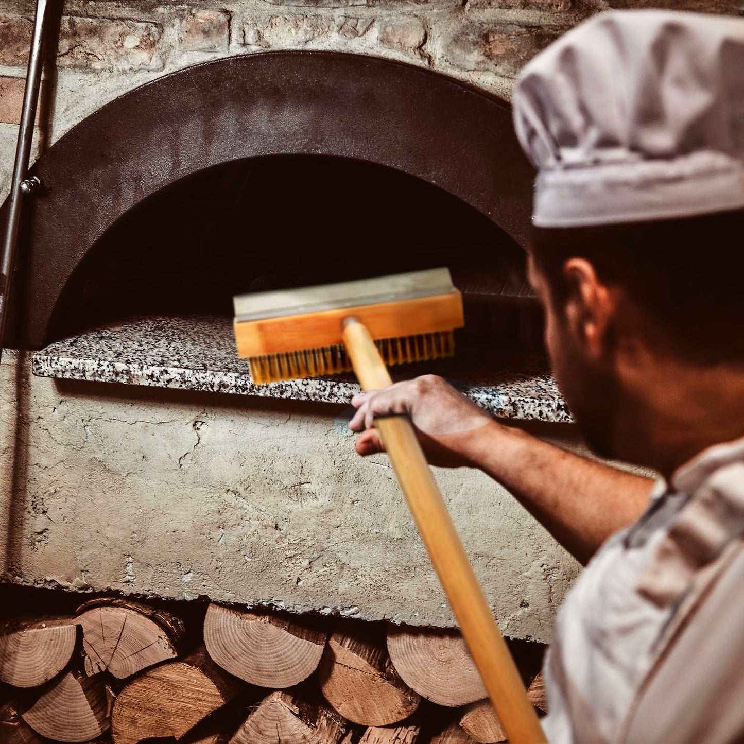 Reallnaive 2 Pack 37 Inch Wood Handle Pizza Oven Brush with Scraper Outdoor Pizza Oven Cleaning Brush Tool, Aluminum Threaded Tip, Brass Bristles with Steel Scraper