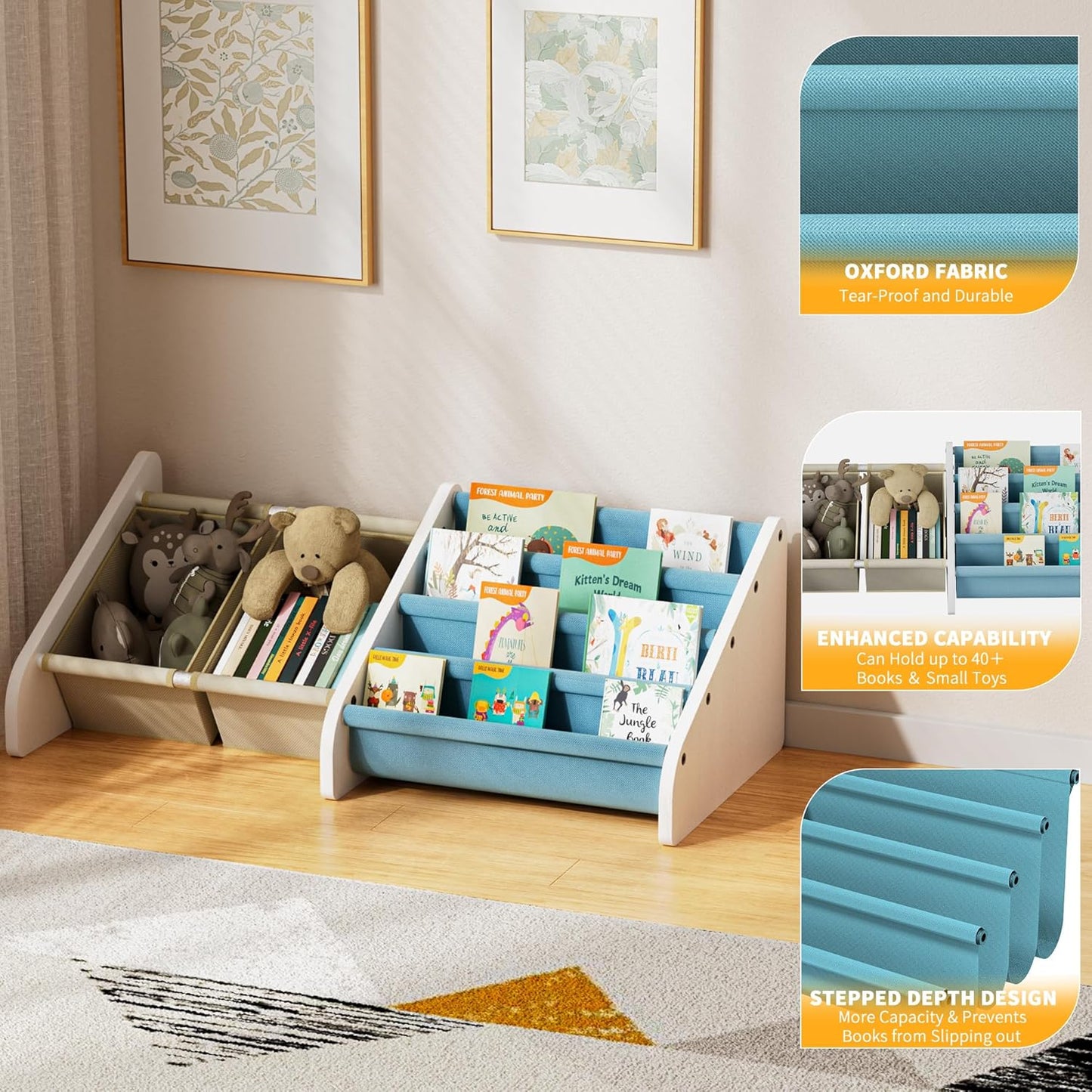 4-Tier Polegas Montessori Kids Bookshelf - Toddlers Bookshelf with Tear-Proof Oxford Sling, Book Shelf for Kid Rooms