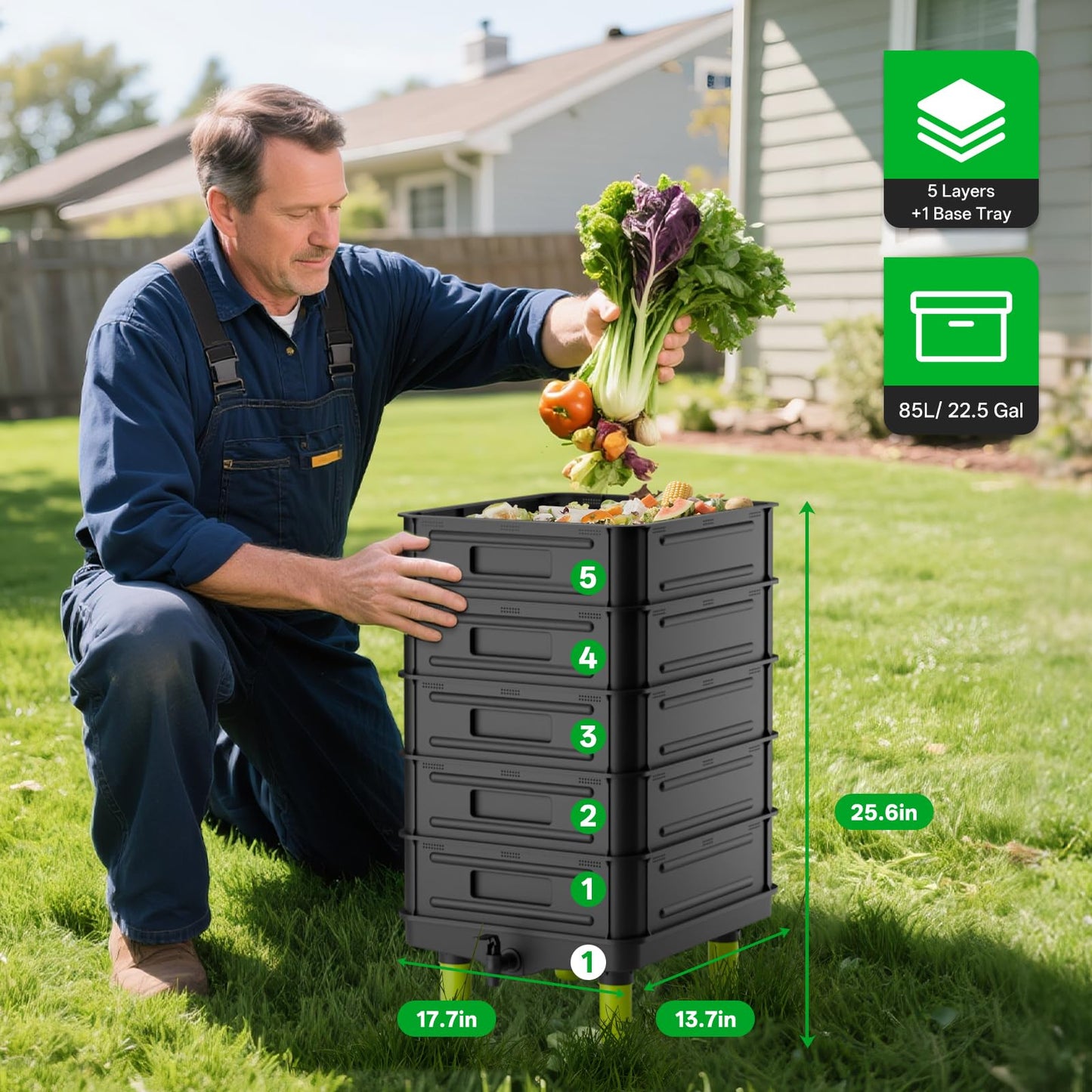 TOP XIAN 5-Layer Worm Compost Bin, 85L Worm Composter for Indoor & Outdoor, Starter Kits for Vermicomposting Starter, Garden Worm Composting Bin for Recycling Food Waste (Black)