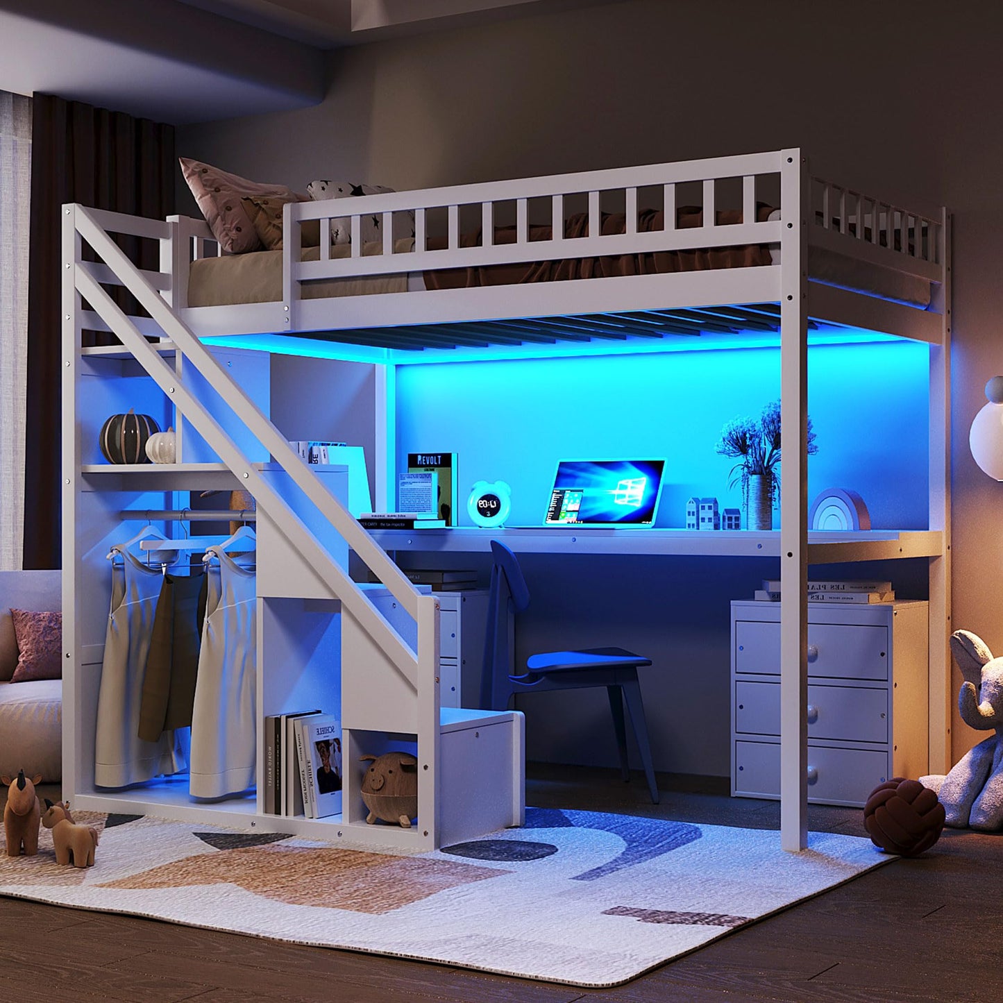 Bellemave Twin Loft Bed with Stairs and Shelves, Wood Loft Bed with Two Chest of Drawers, Wardrobe, LED for Kids, Teens, Adults, White