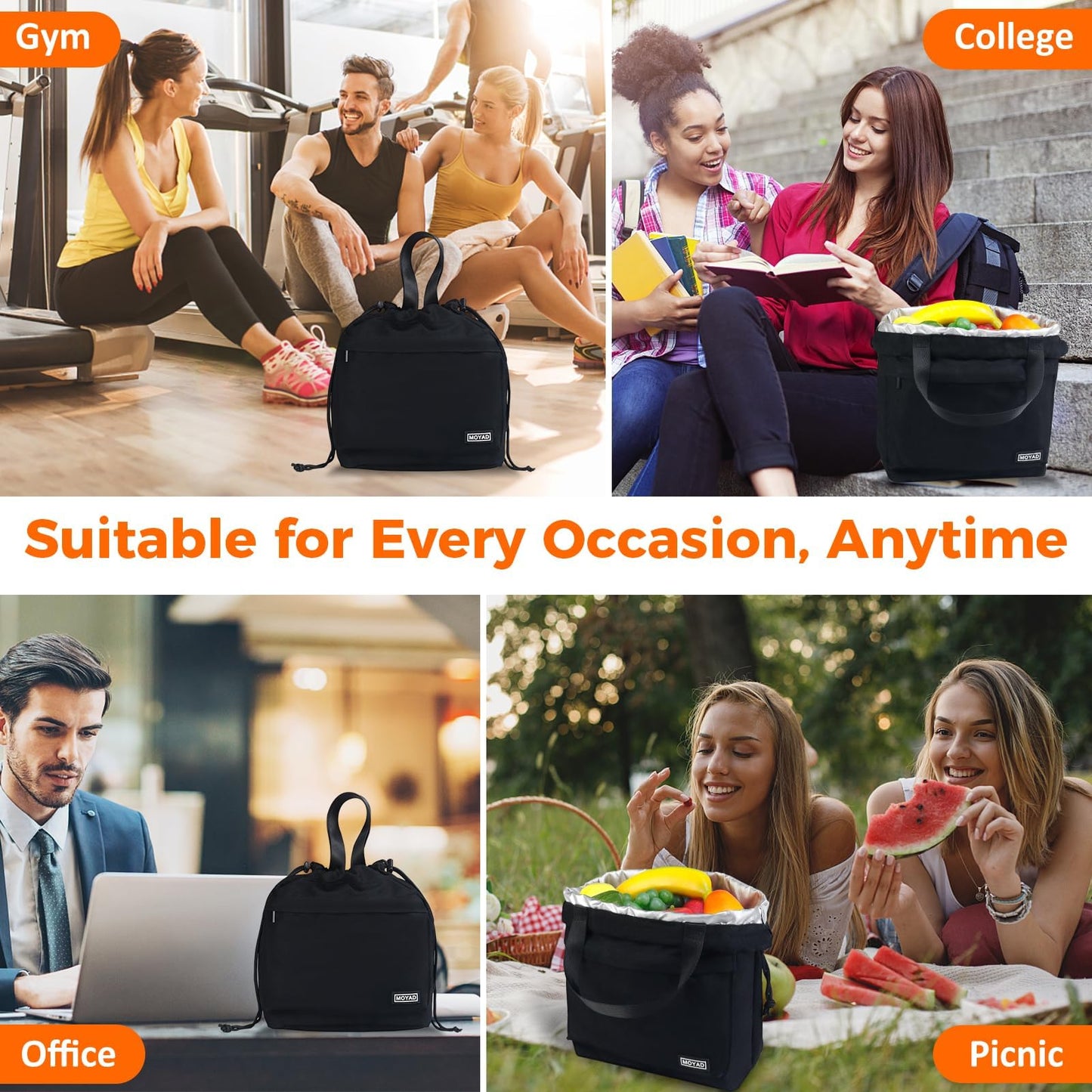 Moyad Reusable Lunch Bag for Women Men, Insulated Cooler Lunch Box Handbag Tote bag with Handle and Drawstring Closure for Work Picnic Travel Camping Outdoor, Black
