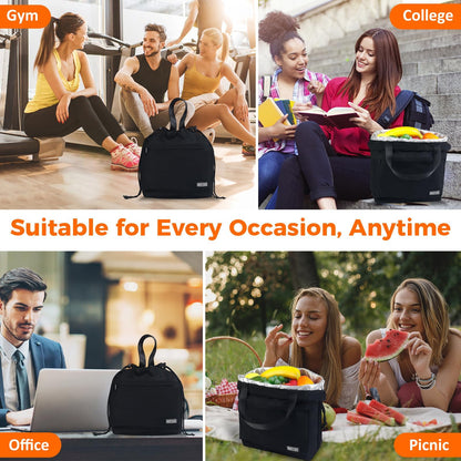 Moyad Reusable Lunch Bag for Women Men, Insulated Cooler Lunch Box Handbag Tote bag with Handle and Drawstring Closure for Work Picnic Travel Camping Outdoor, Black