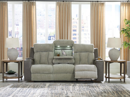 Signature Design by Ashley Point Clear Transitional Faux Leather Power Reclining Sofa with Drop Down Table, Lumbar Massage, LED Lights and Adjustable Headrest, Gray & Beige