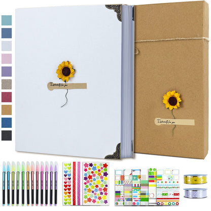 Vienrose DIY Scrapbook Photo Album Kit with Pens Tapes and Stickers 60 Pages Hardcover 8.5x11 Inches 3 Rings Removable Black Paper Scrapbooking Gift for Lover Friends Kids Wedding Valentine's White