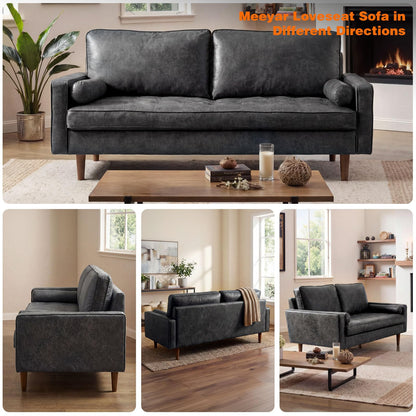 Meeyar 70" Mid-Century Modern Sofa Couch – Faux Leather Loveseat Sofa with Deep Seat & Solid Wood Frame – Includes 2 Accent Pillows – Black Living Room Bedroom Office (Black, 70 inches)