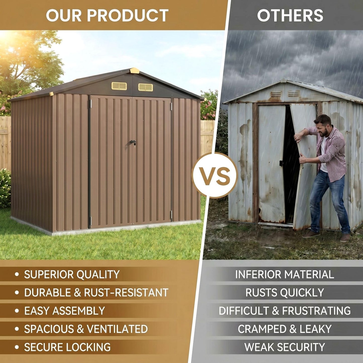IRONCK 6×8 FT Shed, Galvanized Steel Tool Storage Shed with Lockable Double Doors & Ventilation, Outdoor Utility Storage for Wheelbarrow, Bikes, Yard Bins, Black Brown