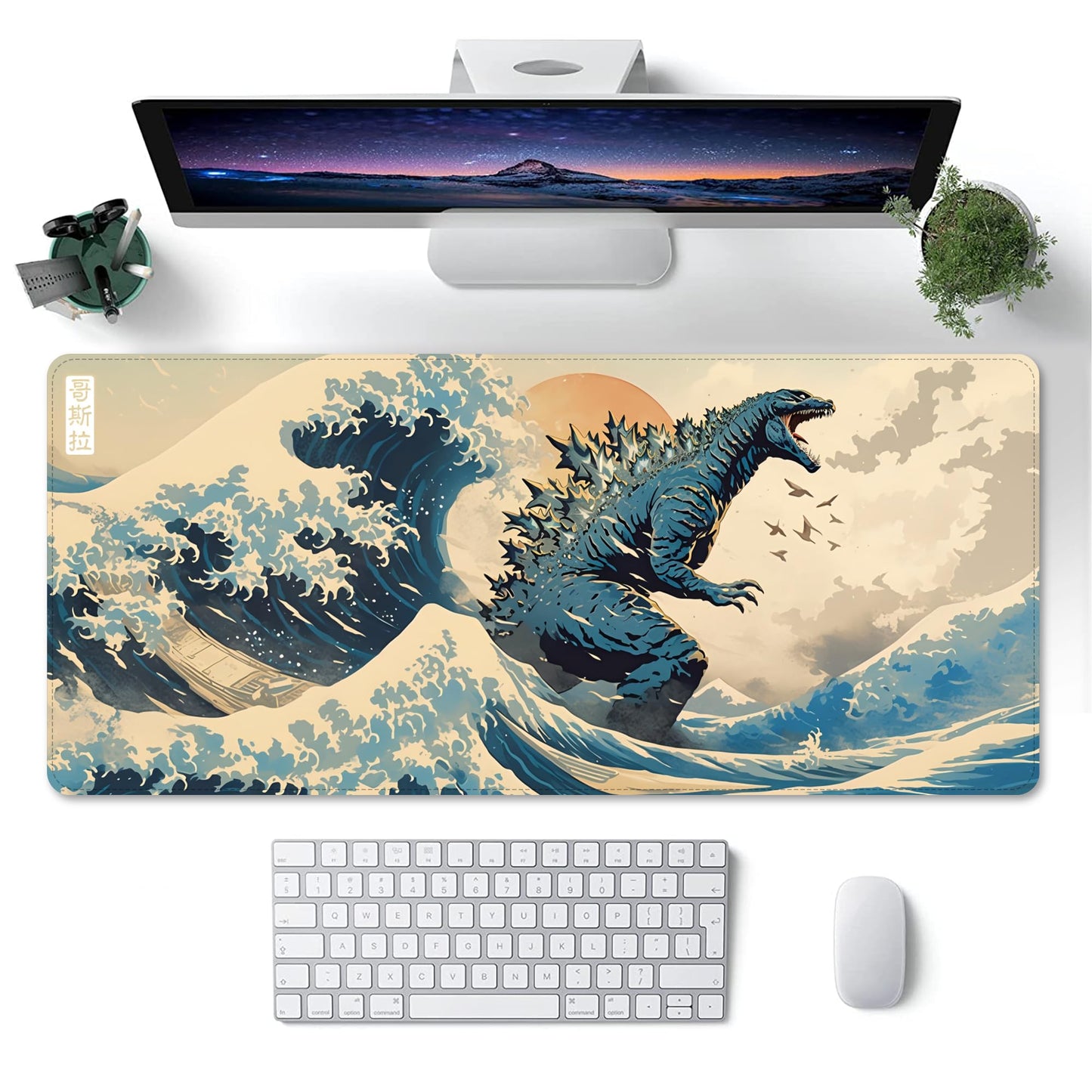 ProbTis Japanese Mouse Pad, Kanagawa Great Wave Mouse Pad, XXL Anime Gaming Keyboard Mat, Stitched Edges Rubber Base, XXL Big Extended Desk Protector for Home Office, 35.4”x15.7” (Sea Wave - Monster)