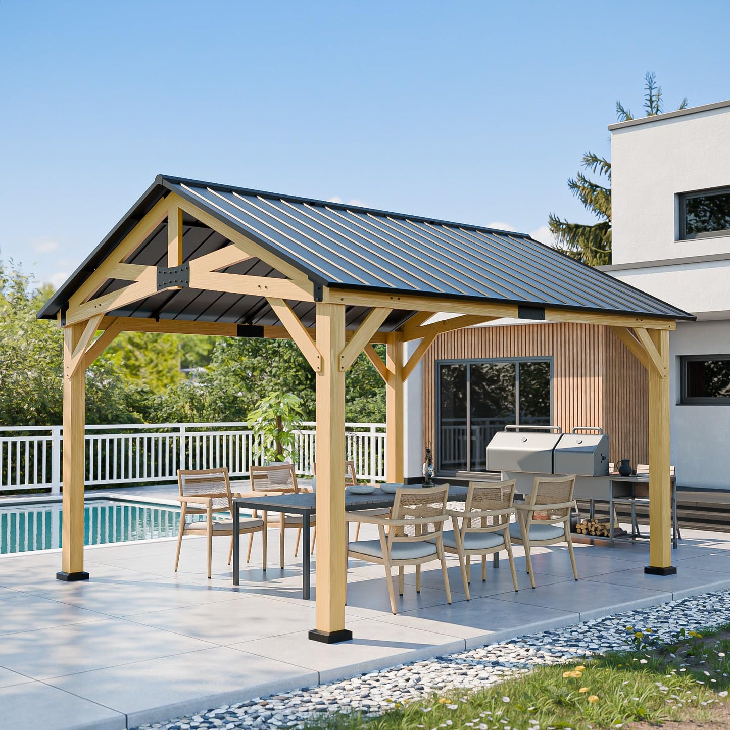 INTER HUT 10x12 Hardtop Gazebo with Netting and Curtains, Galvanized Steel Double Roof Outdoor Pavilion with Aluminum Frame, Patio Gazebo for Deck, Garden, Lawn, White/Gray
