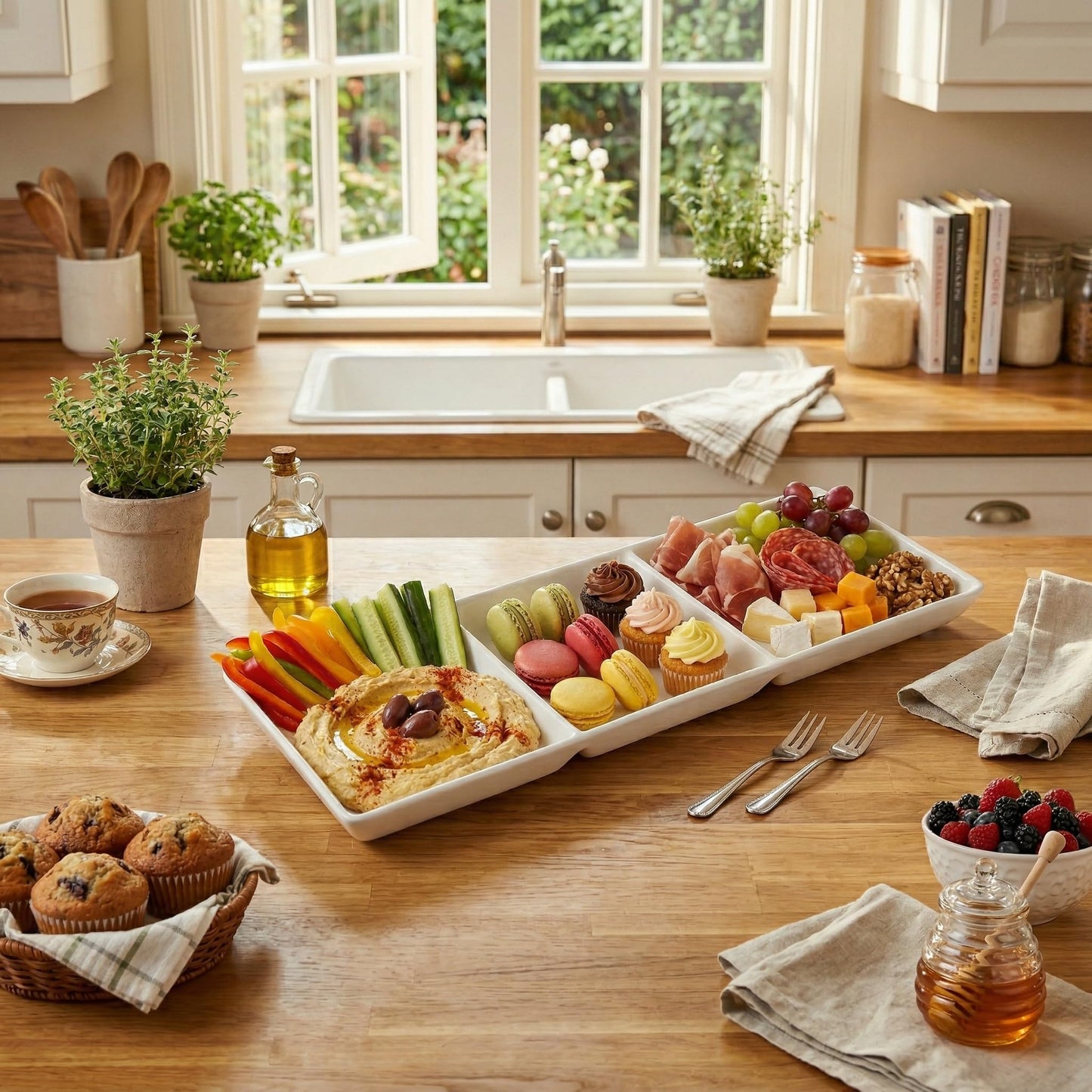 DELLING 16x5 Inch Ceramic 3-Section Serving Tray Set of 3, Stackable Divided Serving Platter - White Porcelain Appetizer Tray for Snack Food Dessert, Dishwasher Safe