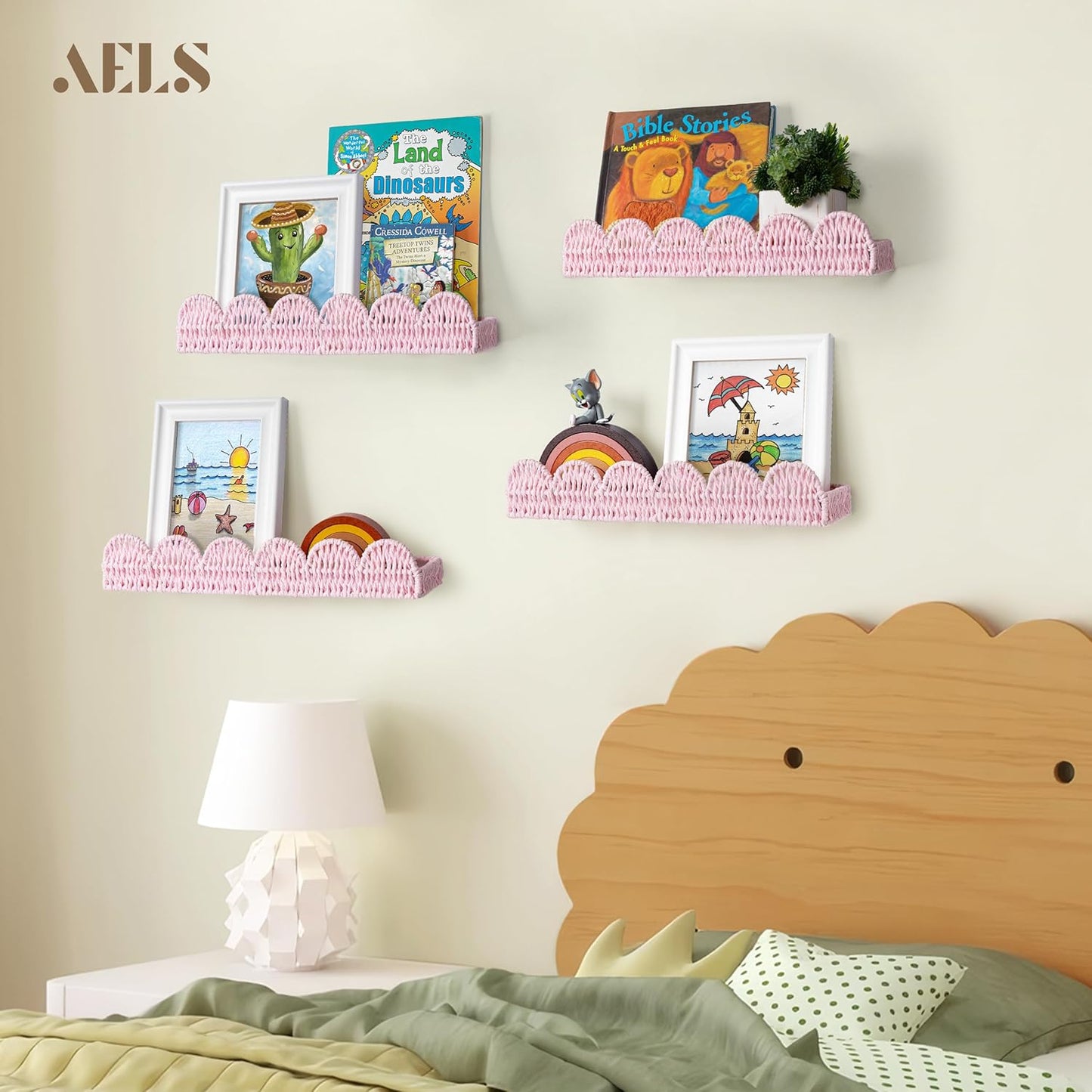 Set 4, AELS Scalloped Nursery Bookshelf, of Picture Ledge Shelf for Wall Decor, Woven Natural Fibre Floating Shelves