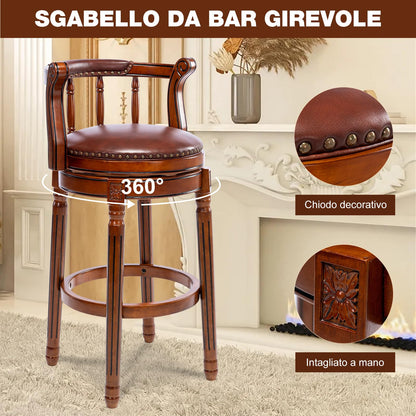 AULIFE Cow top Leather Wooden Bar Stools, 360 Degree Swivel Bar Height Chair with Backs for Home Kitchen Counter, Morden Chair Barstools (Brown 1pc, Bar Height-Seat Height 29.5”)