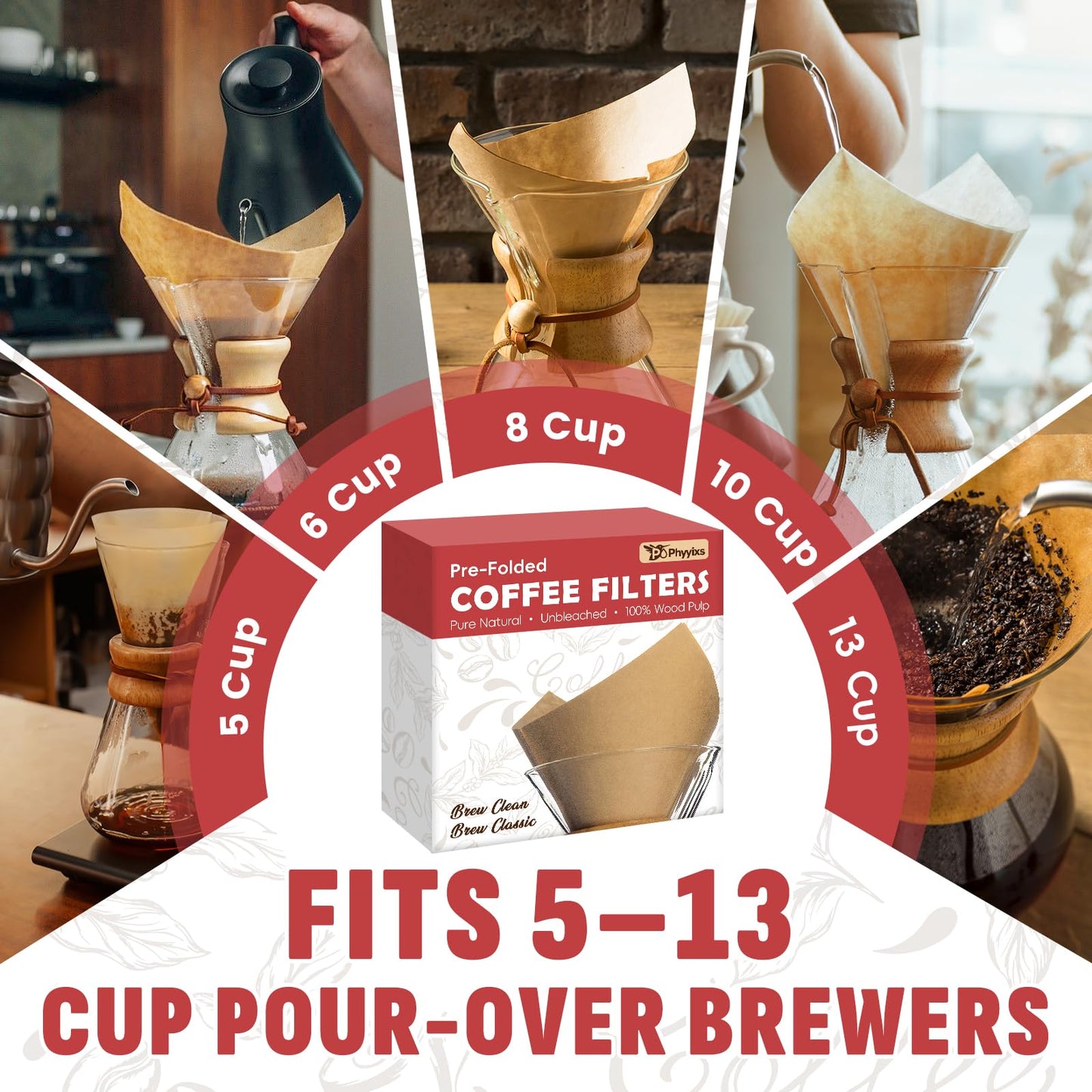 Phyyixs Pre-Folded Unbleached Cone Coffee Filters – Premium Thick Paper, Compatible with Chemex Pour-Over Brewers (80 Filters)