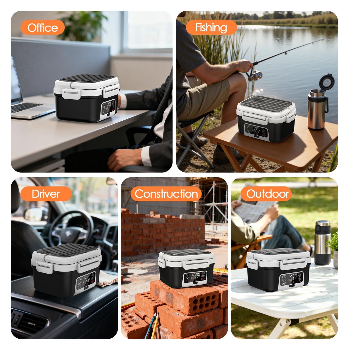 Odopok Cordless Electric Lunch Box, 6.3 Cup 100W Heated Lunch Box with 20000mAH Battery Powered for Self Heating, Including Fork Spoon and Insulated Bag for Men Women Adults, BPA Free(Black+White)