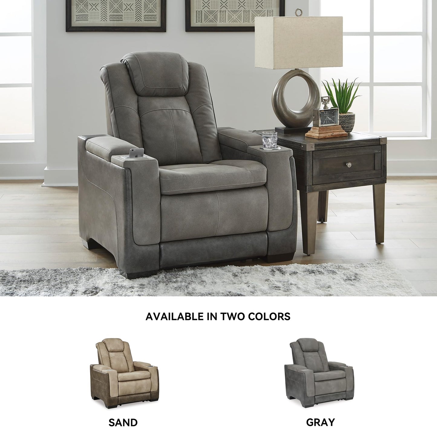 Signature Design by Ashley Next-Gen DuraPella Power Recliner with Adjustable Headrest, Storage Armrests, Wireless & USB Charging, Faux Leather, 2-Tone Gray