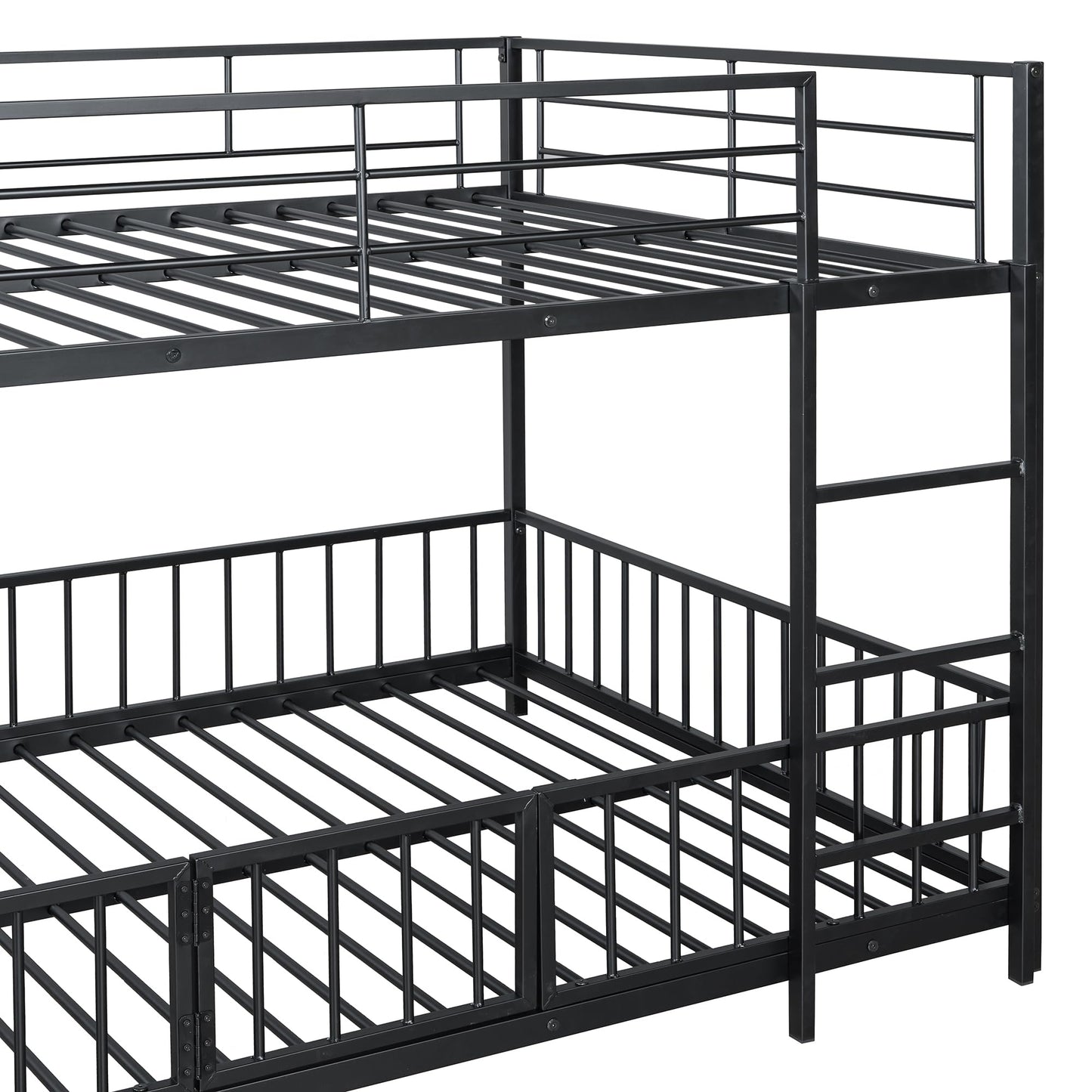 Bellemave Full Over Full Bunk Bed with Slide and Ladder, Metal Low Bunk Bed for Kids, Girls, Boys, Removable Fence, with Door, Black