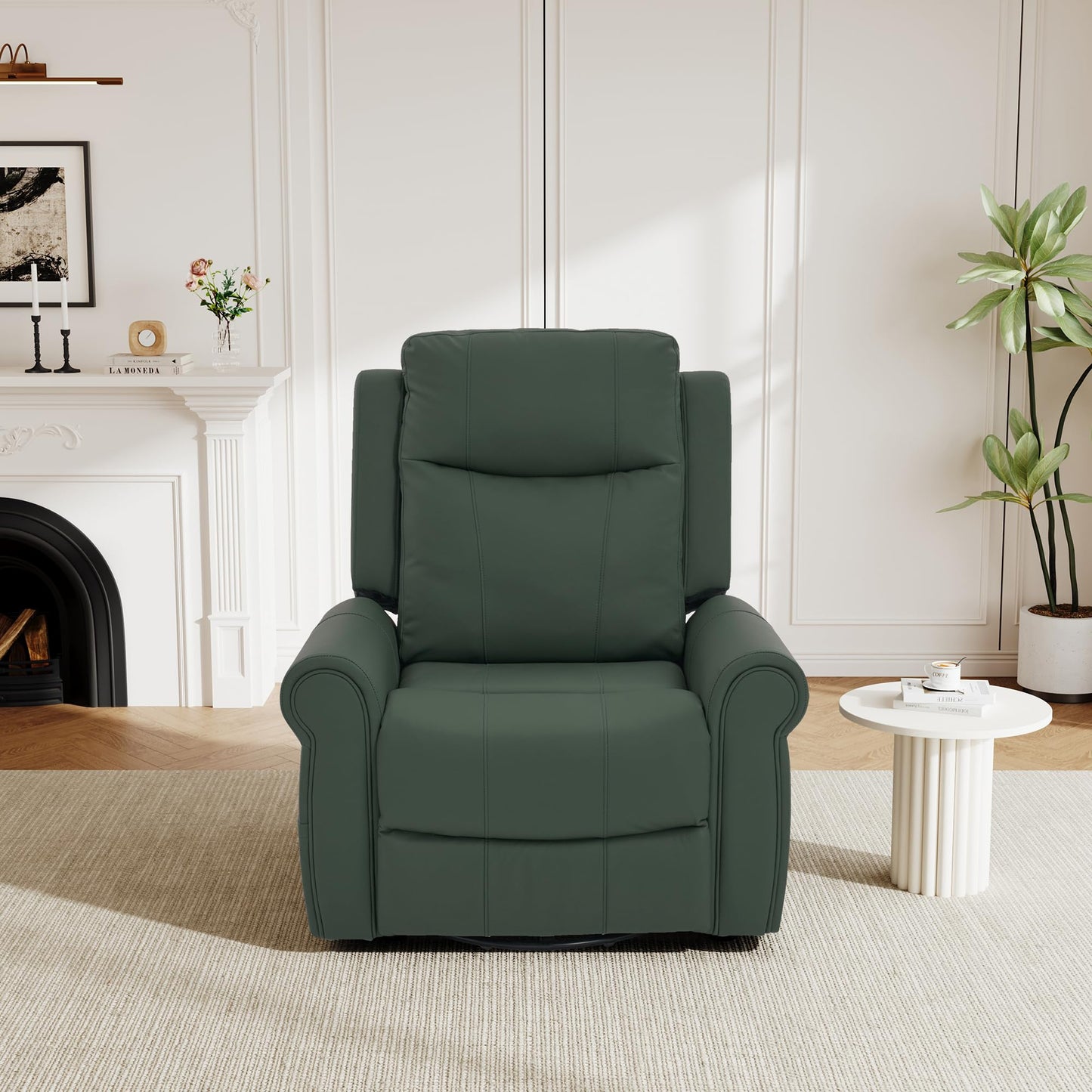 Merax 270°Swivel Rocker Recliner Chair, PU Leather Manual Recliner with Massage and Heating, Dual Reclining Positions and Side Pocket and for Living Room, Bedroom, or Nursery, Green