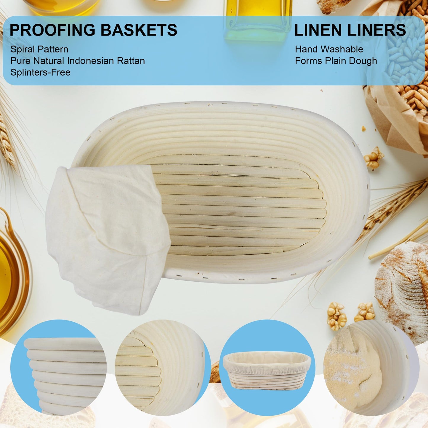 3Pcs Banneton Bread Proofing Basket, 10 inch Oval Banneton Basket,Sourdough Proofing Basket,Bread Bowl Handmade Rattan Baskets and Liners for Professional & Home Sourdough Bread Baking
