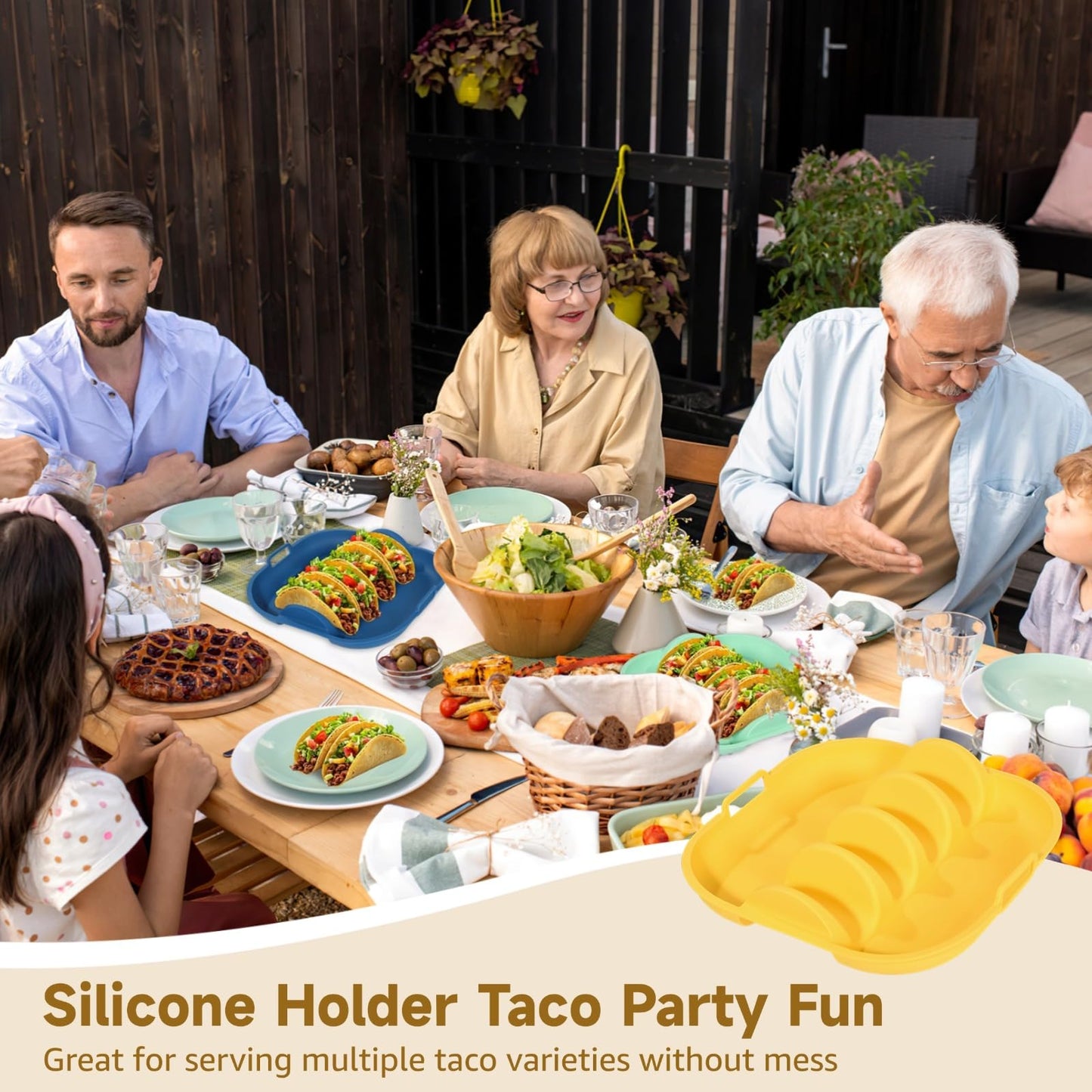 4 Pack Silicone Taco Holder Plates, 4 Slots Reusable Silicone Taco Holder, 4 Dividers Taco Stand with Handles, Large Taco Serving Tray for Party, Microwave Oven Dishwasher Safe