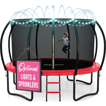 JoyBerri Trampoline Outdoor - Upsurge ASTM Certified Safe 8Ft 10Ft 12Ft 14Ft 15Ft 16Ft Recreational Trampoline for Kids and Adults. Anti-Rust Coating with Enclosure Net, Ladder, Sprinkler & LED Lights
