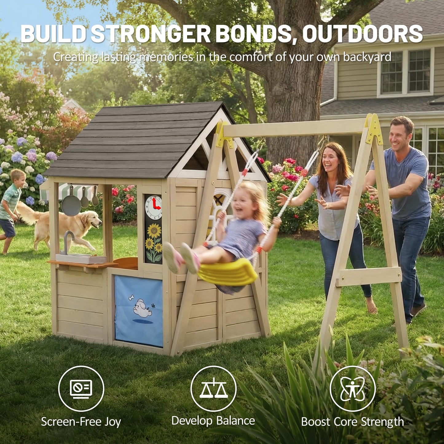Aivello Cedar Wooden Playhouse with Swing Set for Kids, 2-in-1 Outdoor Backyard Playset with Tic-Tac-Toe Game, Play Kitchen, Pet Door & Doorbell, Space-Saving Kids Playhouse for Ages 3-8