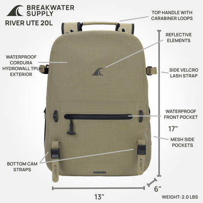 Breakwater Supply™ River Ute Waterproof IP68 Hunting Backpack, Floating TPU Submersible Dry Bag with Padded Hip Belt and Airtight Zippers | 20L (River Ute 20L CORDURA Safari Tan)