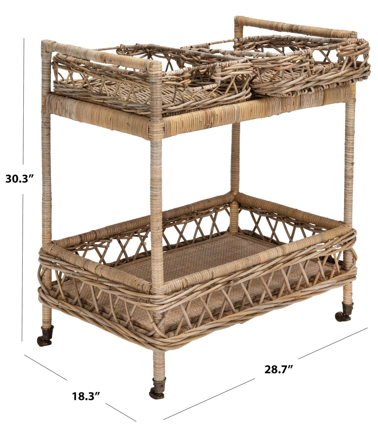 Safavieh Home Collection Ambrose BCT6500A Grey Wash and Antique Brass 2 Tier Rattan Bar Cart