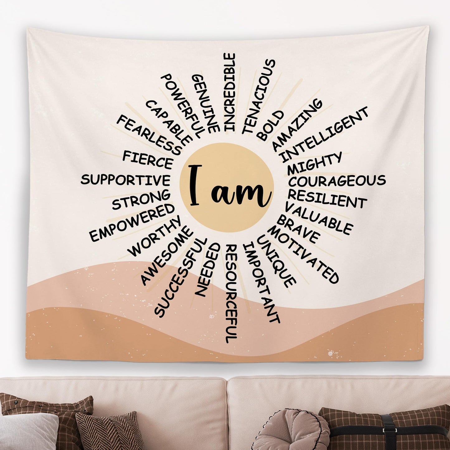 MNOSAIOO Inspirational Boho Sun Wall Tapestry Hanging for Classroom Kids, I Am Brave Important Tapestry, Motivational Mental Health Tapestries Wall Decor for Bedroom Therapy Office Home 60x50 inch