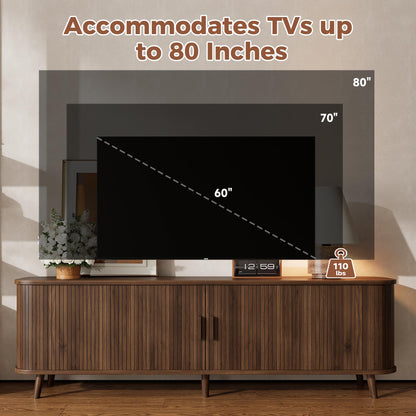 Merax 70 Inch Mid Century Modern TV Stand for TVs up to 80", Fluted Entertainment Center with Ample Storage & Sliding Doors, Curved Design Media Console for Living Room, Solid Wood Legs, Walnut