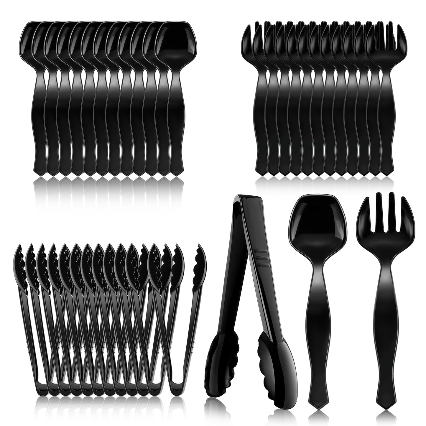 Mwellewm 36Pcs Plastic Serving Utensils Set Large Disposable Serving Spoons Forks Tongs for Serving Food 8.5'' Heavy Duty Black Large Party Utensils Supplies for Buffet Restaurant Dinner Salad Soup