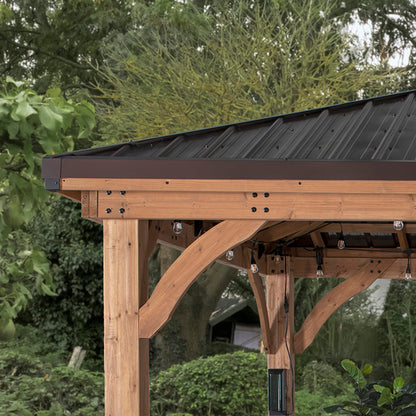 Backyard Discovery Barrington 16' x 12' Cedar Wood Outdoor Gazebo Pavilion with Hardtop Galvanized Steel Hip Roof, Snow Support, Wind Resistance, PowerPort, Shade for Garden, Patio, Deck, Entertaining