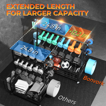 Upgraded XXL Dumbbell Rack Weight Stand - Bonvork Adjustable Weight Rack for Dumbbells, Home Gym Storage Rack With 3MM Thickened Angle Iron for Balls,Yoga Mat, Workout Equipment Organizer With Wheels