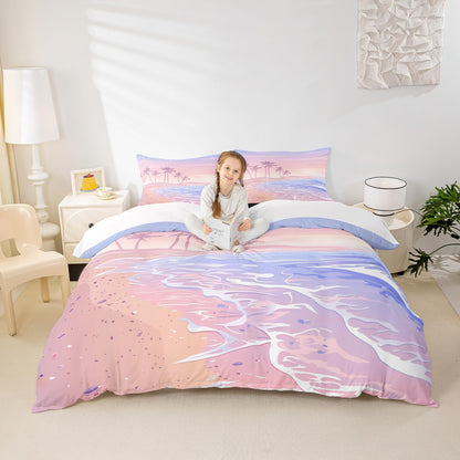 Homewish Girls Pink Beach Duvet Cover Set Full Size Kids Romantic Hawaii Ocean Style Bedding Set 3pcs Teens Lover Room Decor Palm Trees Sky View Comforter Cover Girly Summer Quilt Cover,2 Pillowcases