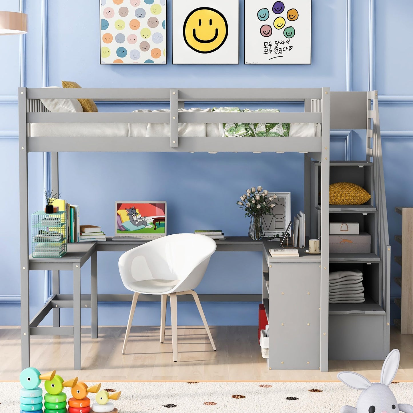 Ball & Cast Loft Bed Full Size with Built-in L-Shaped Desk and Three-Tier Storage Shelves,Wooden Bedframe w/Storager Staircase & Guardrails,Space Saving,Bedroom Furniture for Student Dorms,Gray