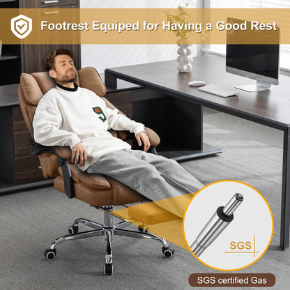 BOWTHY Kneading Massage Executive Office Chair with Heated,90-135° Reclining Office Chair with Footrest,Computer Desk Chair with Wheels,Diamond-Stitched Cushion Leather Office Chair (Brown)