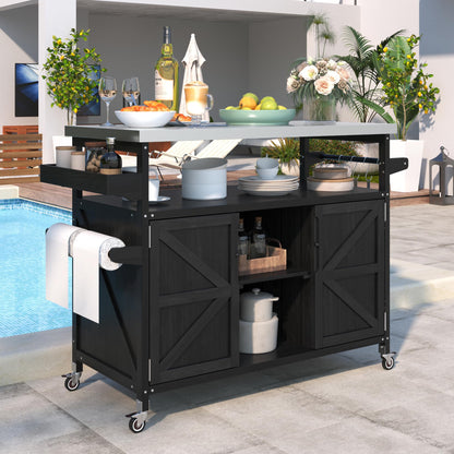Ball & Cast Outdoor Kitchen Island,Rolling Bar Cart & Storage Cabinet,Farmhouse Solid Wood Outdoor Grill Table with Stainless Steel Top,Spice and Towel Rack,for Kitchen,Barbecue,Black,50.25"