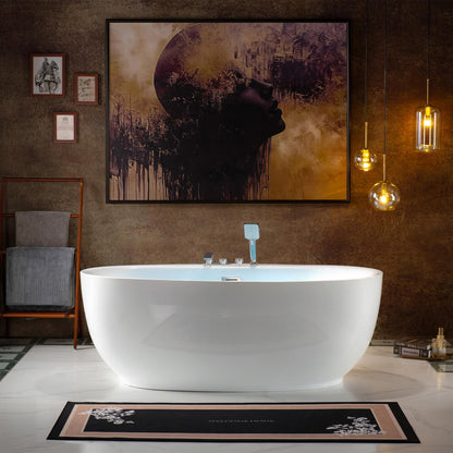 WOODBRIDGE 66" Acrylic Freestanding Bathtub Contemporary Soaking White Tub with Brushed Nickel Overflow & Drain and Faucet,B0027-BN